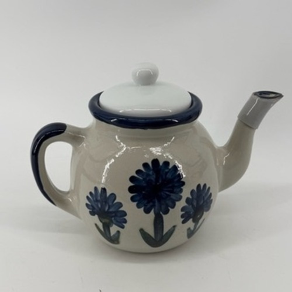 Louisville Stoneware Bachelor Button Teapot Blue Floral Kentucky Hand Painted